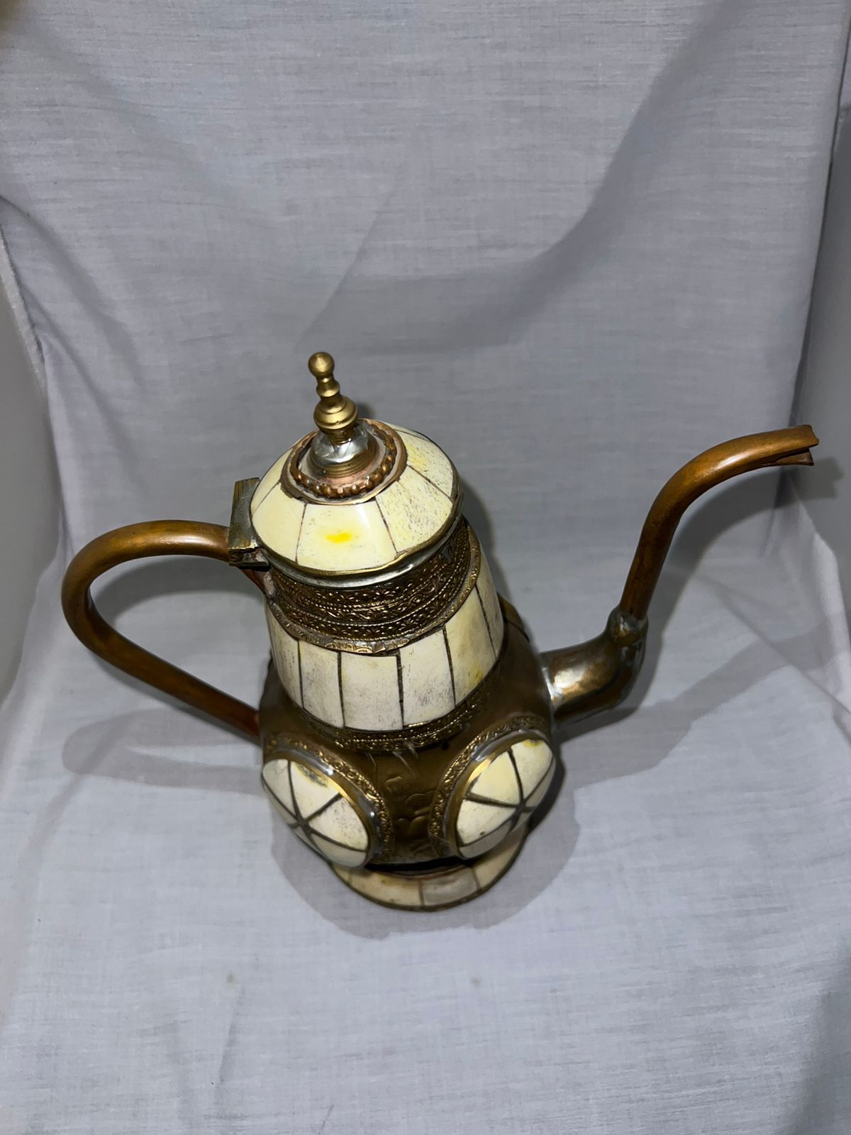 Vintage Brass Coffee Pot with Bone Inlay – Handcrafted Ethnic Dallah Style Teapot