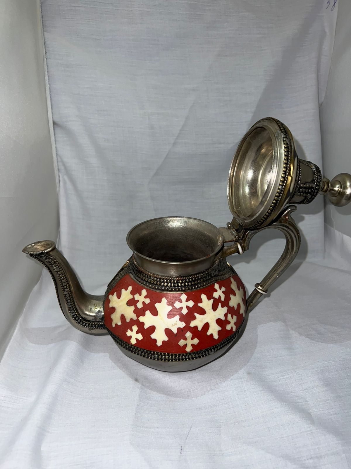Handcrafted Vintage Teapot with Red Enamel & Bone Inlay – Ethnic Brass Decorative Pot – Image 3