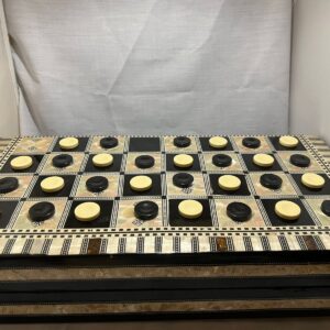 550e6081-cf2b-4190-8025-7a50df1822c8 Handcrafted Checkers Board with Decorative Inlay – Classic Black & Ivory Game Set