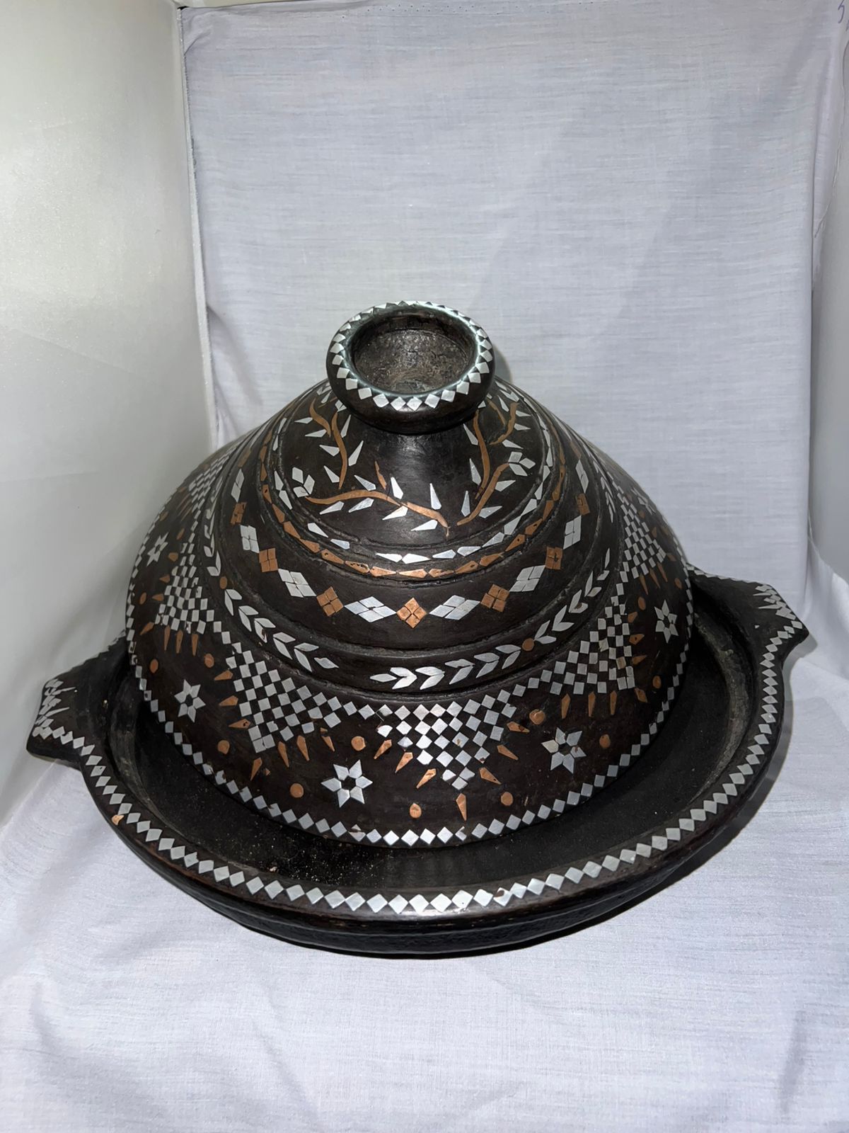 Handcrafted Moroccan Metal Tajine with Intricate Inlay Design
