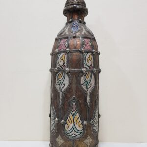 Large Ornate Moroccan Metal Bottle with Hand-Painted Panels