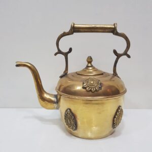 Vintage Moroccan Brass Kettle with Ornate Handle and Medallions