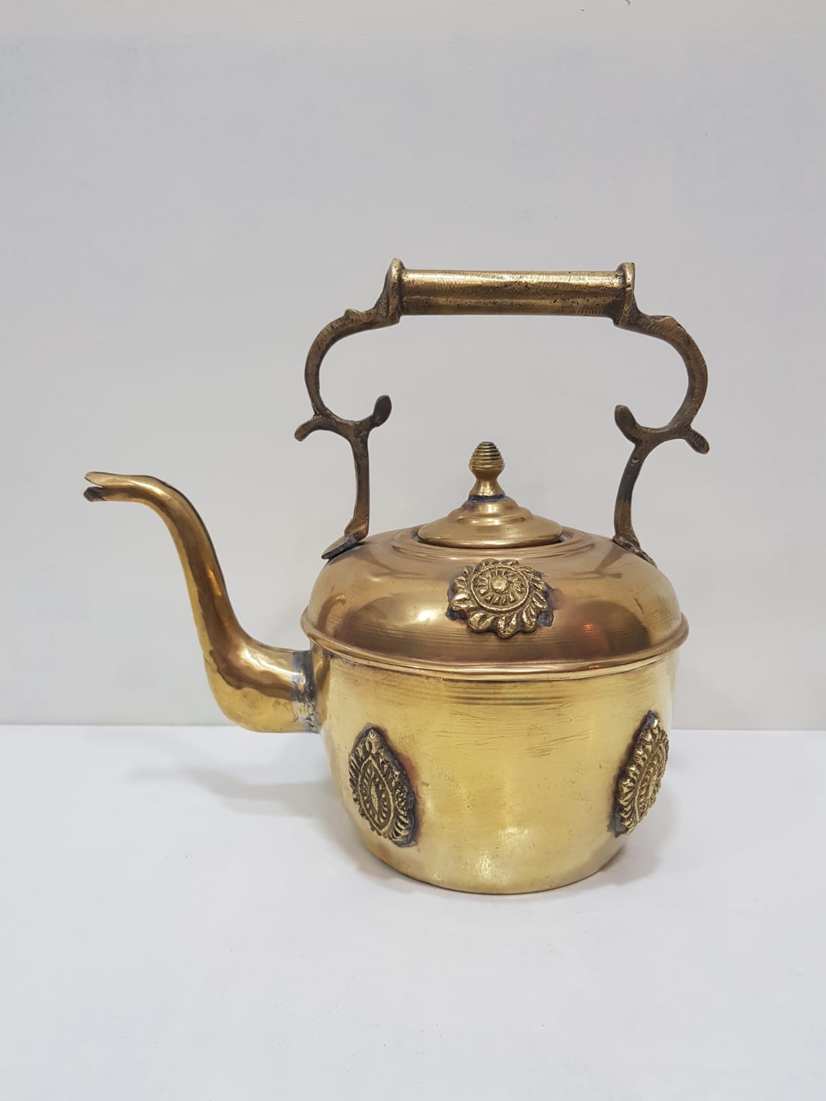 Vintage Moroccan Brass Kettle with Ornate Handle and Medallions