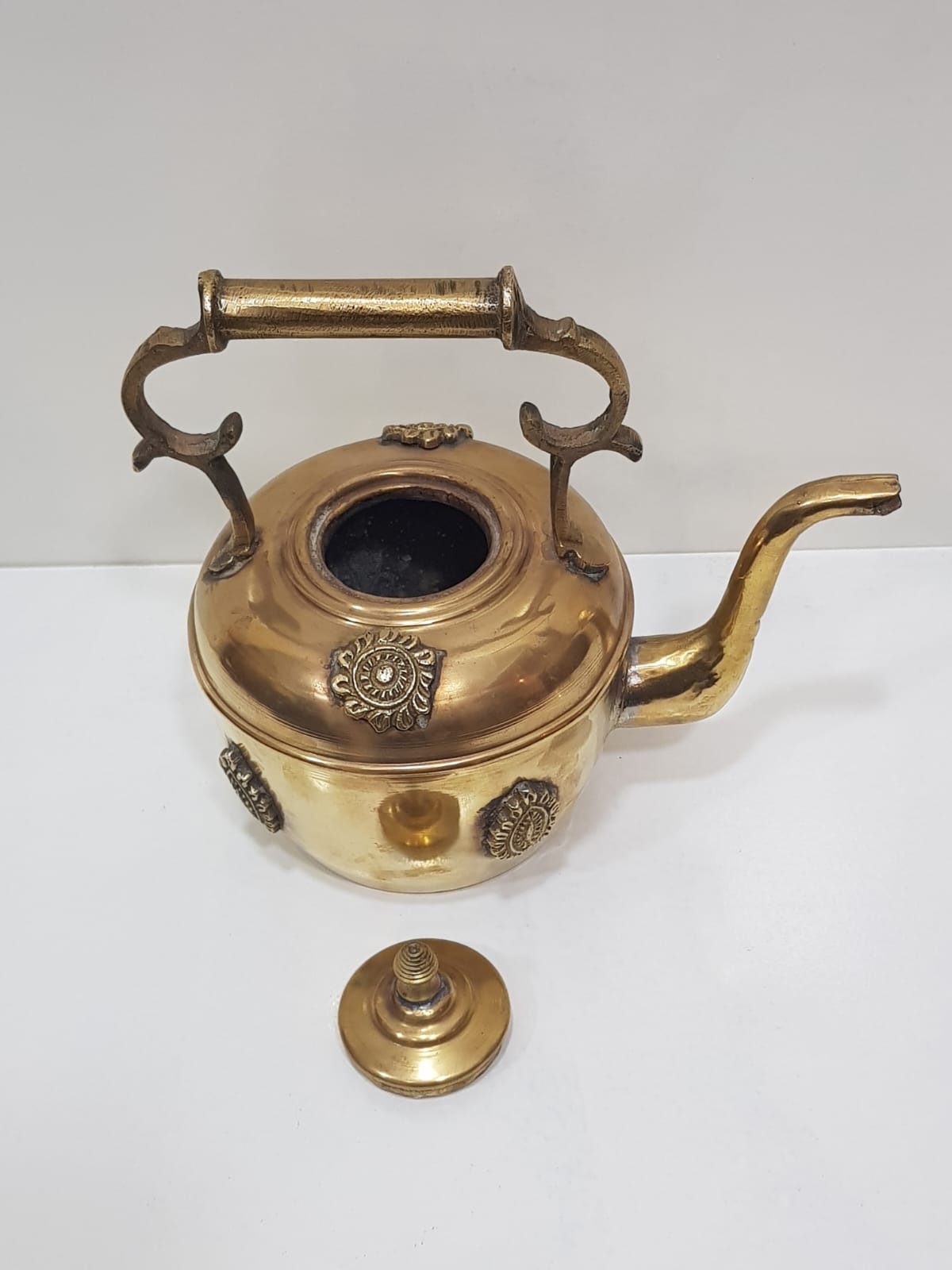 Vintage Moroccan Brass Kettle with Ornate Handle and Medallions – Image 2