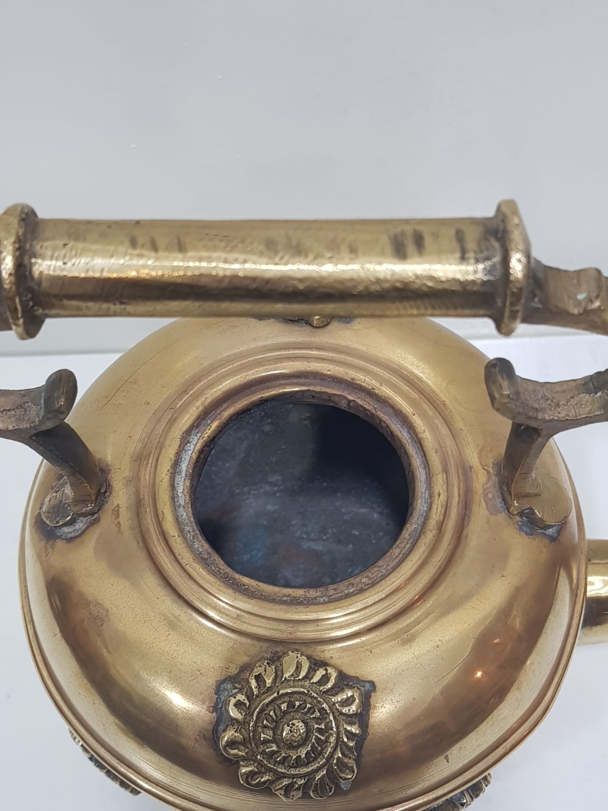 Vintage Moroccan Brass Kettle with Ornate Handle and Medallions – Image 3