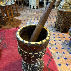 Large Ceremonial Moroccan Mortar and Pestle with Bone & Metal Inlay