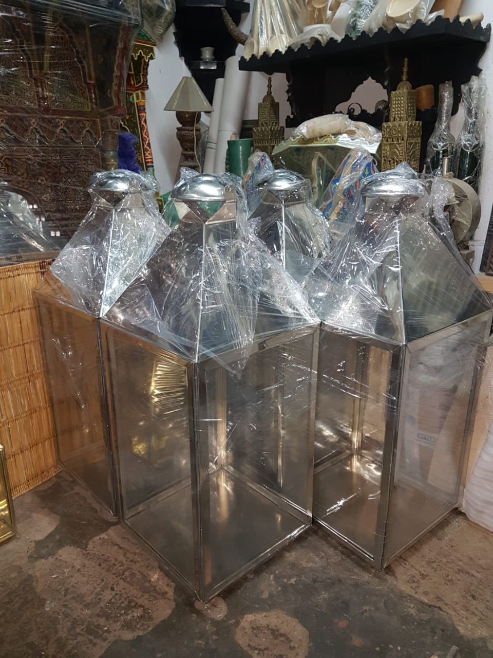 Modern Moroccan Floor Lantern in Polished Steel