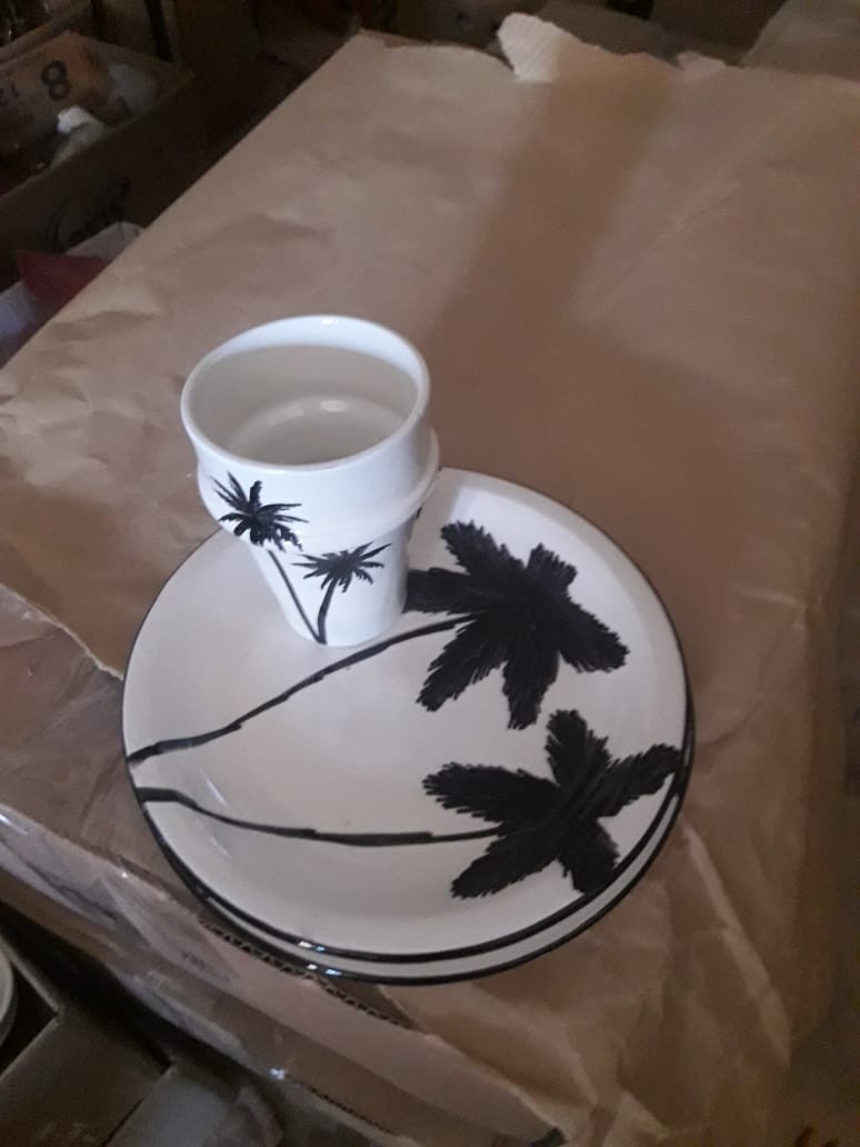 Hand-Painted Palm Tree Ceramic Plate & Cup Set