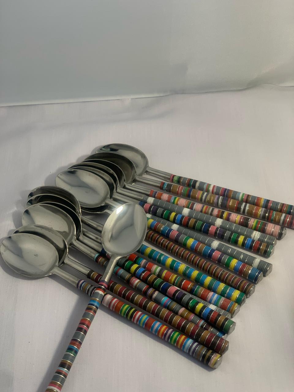 Multicolor Striped Handle Spoon Set - Stainless Steel with Rainbow Design