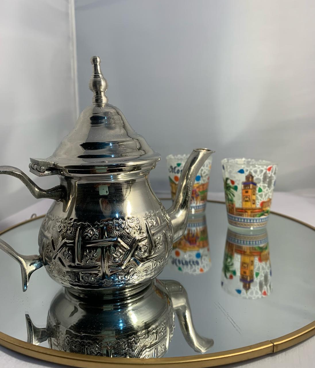 Traditional Moroccan Silver Teapot with Hand-Painted Tea Glasses