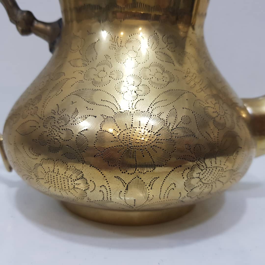 Traditional Handcrafted Brass Teapot with Etched Floral Design – Image 2
