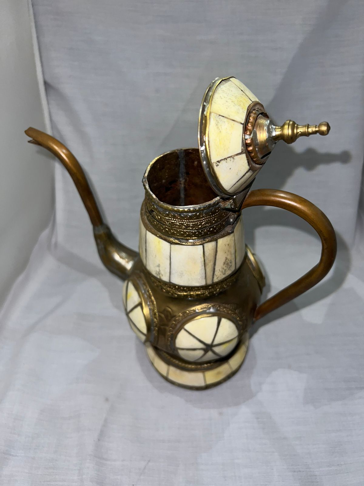 Vintage Brass Coffee Pot with Bone Inlay – Handcrafted Ethnic Dallah Style Teapot – Image 2