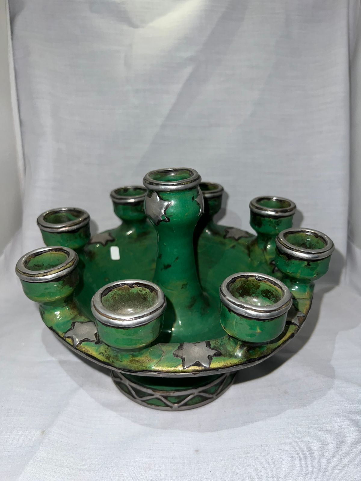 Vintage Moroccan Green Ceramic Candle Holder with Silver Detailing