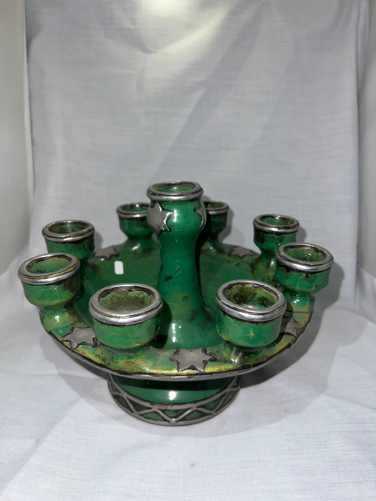 Vintage Moroccan Green Ceramic Candle Holder with Silver Detailing – Image 3