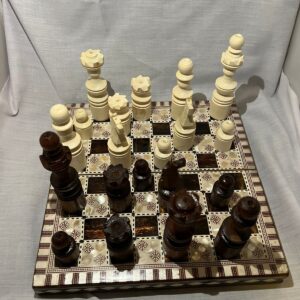 ee4ec6fe-a4f5-4b56-bba7-fa44aa7aa8f8 Handcrafted Moroccan Wooden Chess Set with Inlaid Mosaic Board